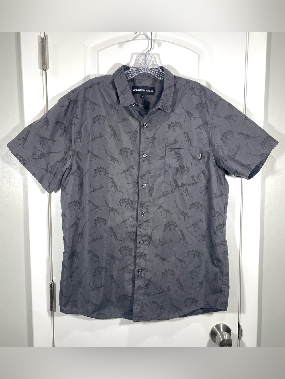 Molokai Surf Co Dinosaur Skeleton Print Button Up Shirt Gray Men’s